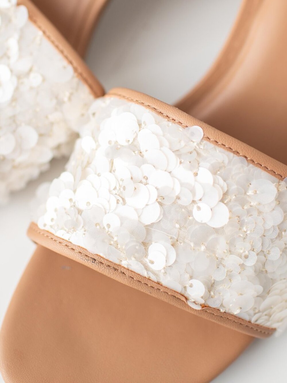 A New Day Kaia Heeled Sandals Size 9 Tan Sequin Strap Memory Foam Slip On Mules - Picture 3 of 8